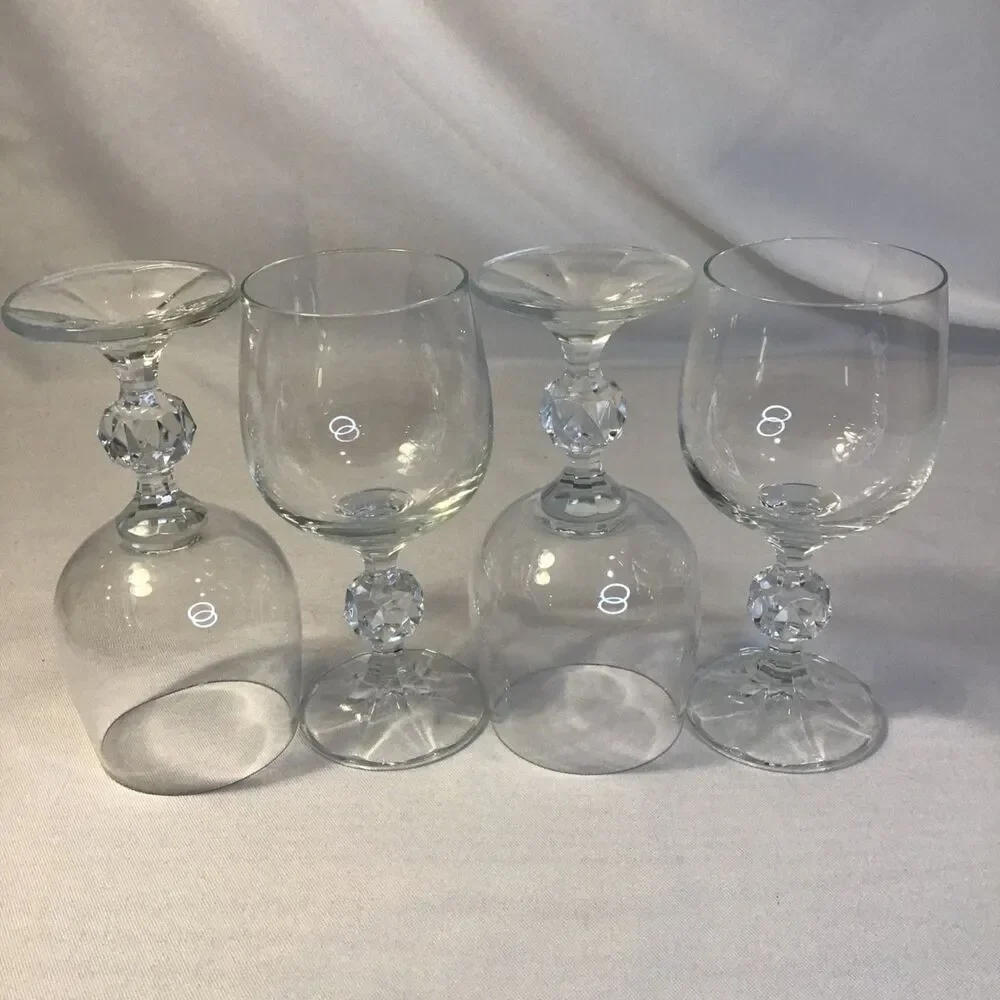 Clear Glass Wine Glass with Faceted Diamond-Ball Stem Set of 4